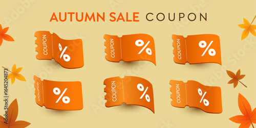 3D Flying coupon ticket voucher for special event marketing campaign price discount banner. Promotion autumn, sale and gift voucher e-commerce shopping offer deal. fall leafs element graphic vector.