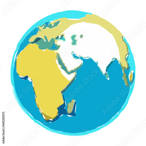 Artistic illustration of planet Earth in a stylized painterly design. Hand-drawn globe showing Africa and Asia, isolated on a white background.