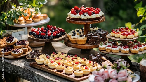 Assorted deserts and canapes on a picnic table outdoors