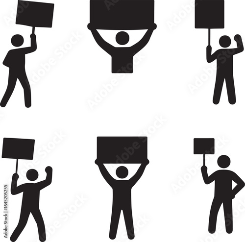 Minimal Black Silhouettes of Protesters Holding Placards – Vector Set