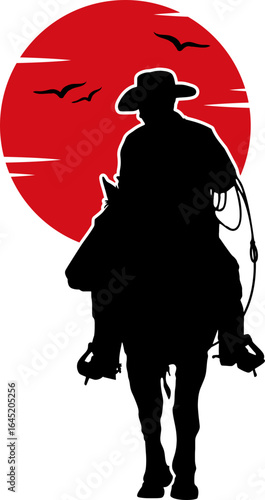 Silhouette of a cowboy riding a horse against a red sun with birds.