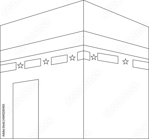 Simple line art drawing of the Kaaba the holy building in Mecca with star decorations.
