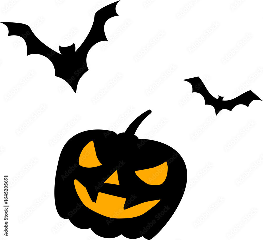 Naklejka premium Spooky Halloween pumpkin with flying bats silhouette.