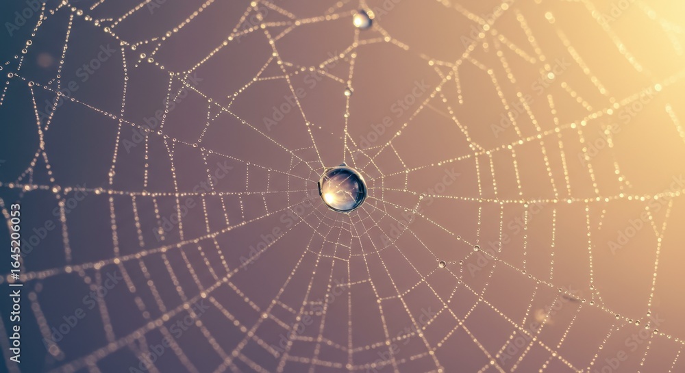 Fototapeta premium Spiderweb with Water Droplets Shining in Sunlight