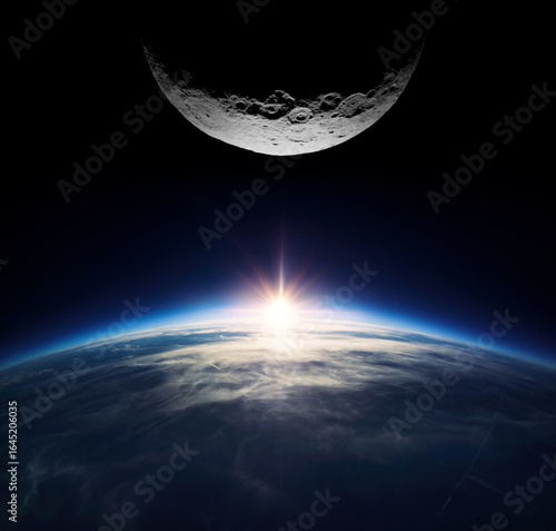 Fototapeta Naklejka Na Ścianę i Meble -   view of the Earth, sun and planet solar system. Sunrise over planet Earth, view from space. Elements of this image furnished by NASA.