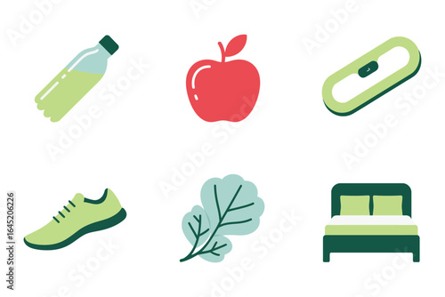 Healthy habits icon set, drink bottle apple activity tracker running shoe leafy herb bed vector, wellness illustration, lifestyle clipart, health and fitness design
