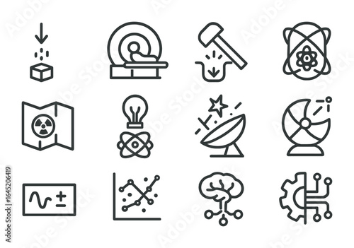 Cosmic Ray Applications Icons. Outline vector icons of cosmic ray applications and study: ion beam, medical