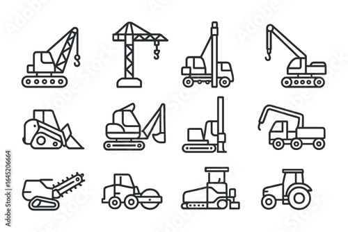 Heavy Machinery Outline Icons. Outline vector icons of heavy machinery in use: crawler crane, tower crane,