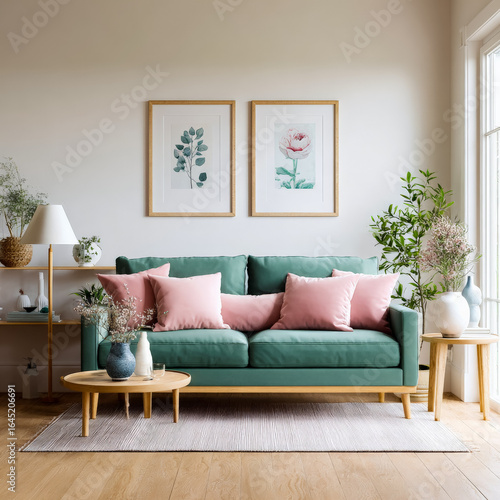 comfy minimalist modern living room with a sofa, floor lamp, close up to 2 picture frames on the wall, natural daylight, vibrant pink and deep green colors 