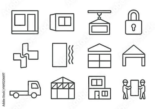 Prefab Construction Icons. Outline vector icons of prefabricated construction: prefab wall, modular unit,