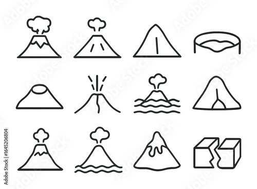 Volcano Icon Grid. Outline vector icons of types of volcanoes: stratovolcano, shield volcano, cinder cone,