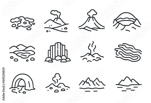 Volcano Landscape Icons. Outline vector icons of volcano-related landscapes: lava field, ash desert, volcanic