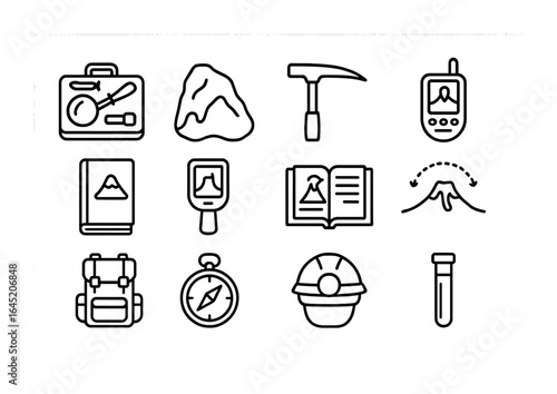 Volcano Research Tools. Outline vector icons of volcano-related field research: geology kit, lava sample, rock