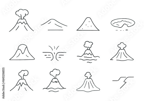 Volcano Icon Grid. Outline vector icons of types of volcanoes: stratovolcano, shield volcano, cinder cone,