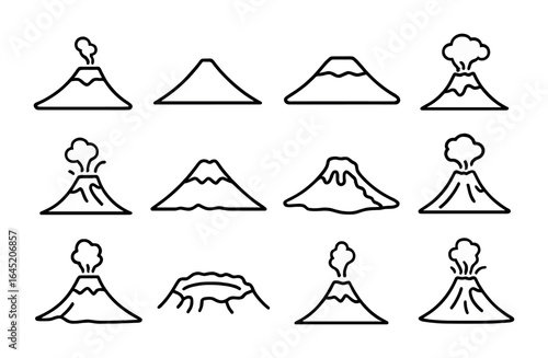 Famous Volcano Icons. Outline vector icons of famous volcanoes: Mount Vesuvius, Mount Fuji, Mauna Loa, Mount