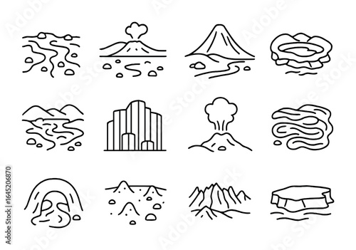 Volcano Landscape Icons. Outline vector icons of volcano-related landscapes: lava field, ash desert, volcanic