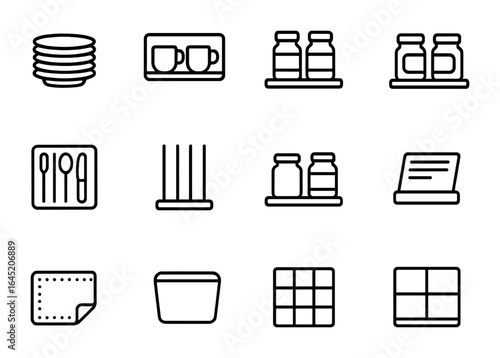 Kitchen Shelf Icons. Outline vector icons of kitchen shelf organization: plate stack, cup shelf, spice zone,