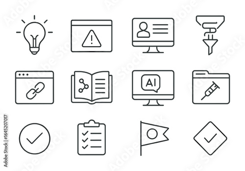 Clinical Icons Grid. Outline vector icons of clinical decision support systems: suggestion icon, alert panel,