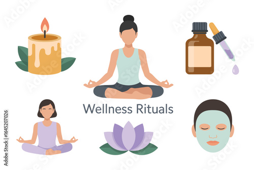 Wellness and self care characters, yoga pose woman, candle diffuser serum bottle, lotus flower, face mask, spa routine vector, beauty illustration