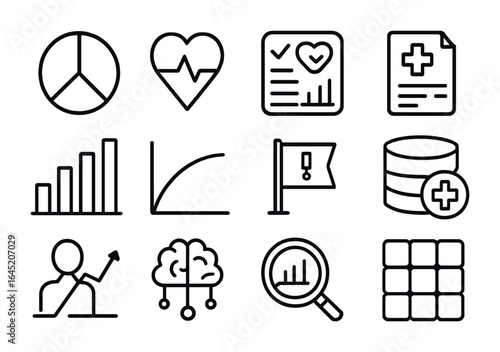 Medical Data Icons. Outline vector icons of medical data analysis: pie chart, health metrics, data dashboard,