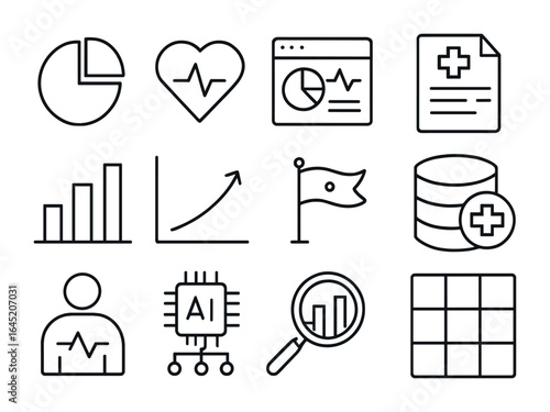 Medical Data Icons. Outline vector icons of medical data analysis: pie chart, health metrics, data dashboard,