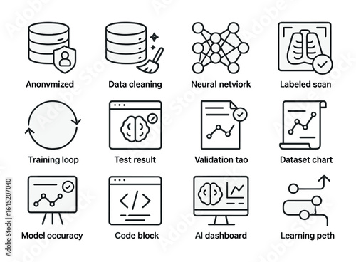 AI Training Icons. Outline vector icons of training AI with medical data: anonymized dataset, data cleaning,