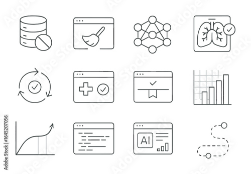 AI Training Icons. Outline vector icons of training AI with medical data: anonymized dataset, data cleaning,