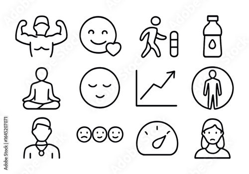 Health App Icons. Outline vector icons of avatars in health and wellness apps: fitness avatar, mood diary,