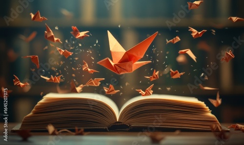 Knowledge concept featuring an open book with an origami bird taking flight, surrounded by abstract paper birds. A library setting enriches the scene, inspiring discovery and learning, Generative AI