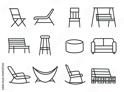 Outdoor Seating Icons. Outline vector icons of outdoor seating types: folding chair, chaise lounge, dining