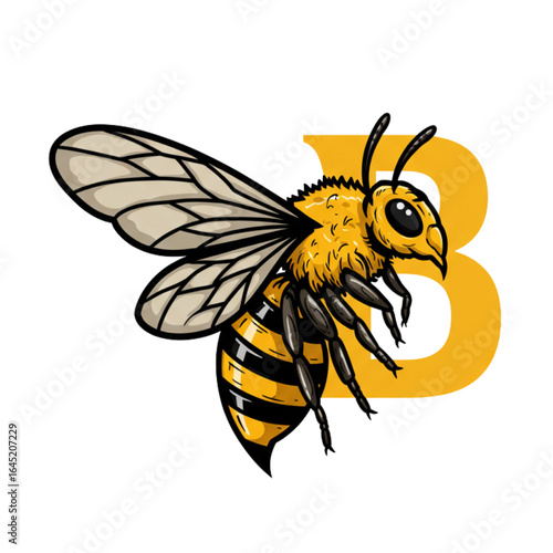 Buzzworthy bee illustration with bold stripes and a letter B, perfect for logos or branding projects
