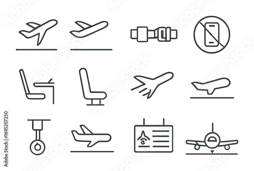 Airplane Icon Grid. Outline vector icons of airplane takeoff and landing: runway icon, seatbelt sign, no