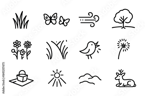 Peaceful Meadow Icons. Outline icon set of peaceful meadows: tall grass, butterfly pair, breeze swirls,