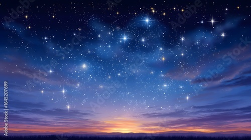 Starry night sky at sunrise over a field.