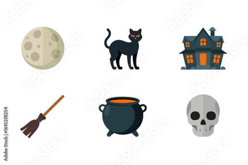 Full moon haunted house and black cat icons, witch broom cauldron skull, halloween night vector, spooky clipart set, party design elements