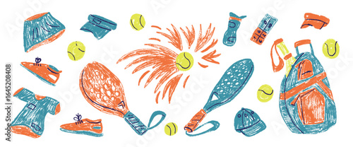 Padel tennis crayon kids set. Racket, ball, sport backpack hand drawn chalk isolated on white background. Scribble sport equipment kids elements. Vector female fitness and hobby pencil illustration.