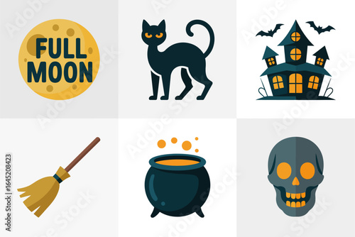 Full moon and black cat icon pack, haunted house broom cauldron skull, halloween vector, spooky clipart, holiday decor design