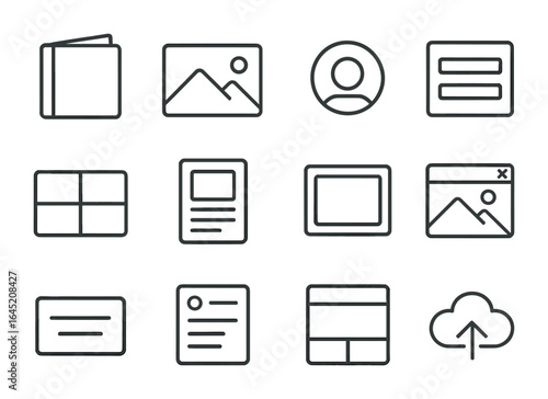 Icon Set Overview. Outline icon set of art portfolio setup: portfolio cover, project thumbnail, client logo,