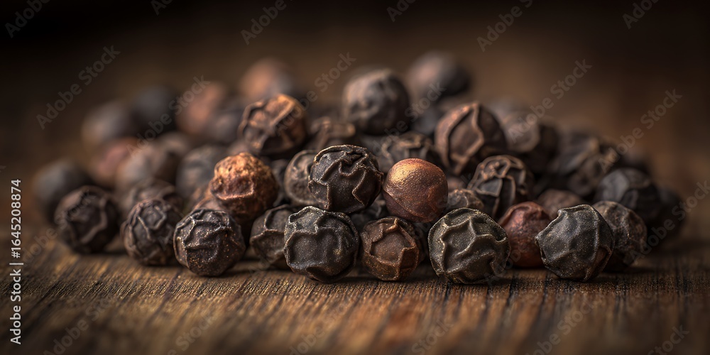 Obraz premium Close-Up of Whole Black Peppercorns on Rustic Wooden Surface Showcasing Rich Texture, Natural Color, and Culinary Appeal