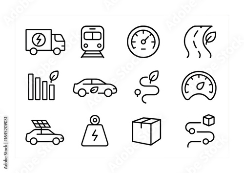 Eco Transport Icons. Outline icon set of energy-efficient transport: EV truck, train icon, fuel gauge, speed