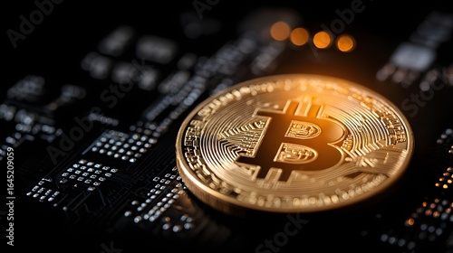 Golden bitcoin coin rests on a circuit board.