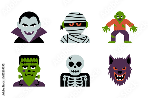 Classic monster face icons, vampire mummy zombie frankenstein skeleton werewolf, halloween character vector, scary avatar clipart, costume party design
