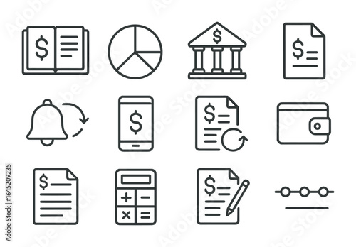 Financial Planning Icons. Outline icon set of financial planning for subscriptions: budget planner, pie chart,