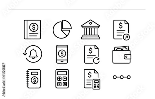 Financial Planning Icons. Outline icon set of financial planning for subscriptions: budget planner, pie chart,