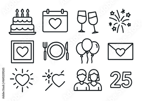 Anniversary Celebration Icons. Outline icon set of marriage anniversary celebrations: cake, calendar heart,