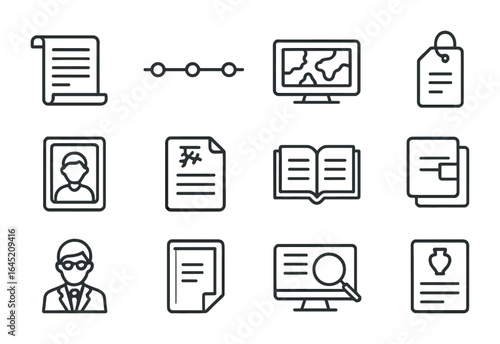 Digital Archive Icons. Outline icon set of digital archives for history: old manuscript, timeline icon,