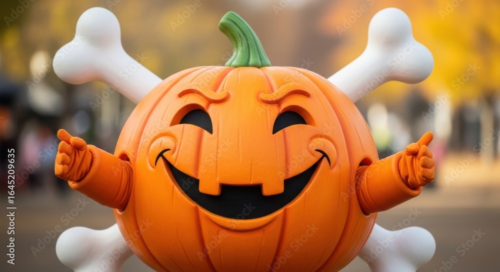 Naklejka premium Friendly Halloween Pumpkin Character with Crossed Bones Decoration