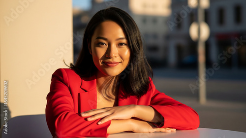 Stylish South East Asian woman at cafe in red blazer, smiling with arms resting on table. Empowered fashion, confident woman style, and lively outdoor vibe.