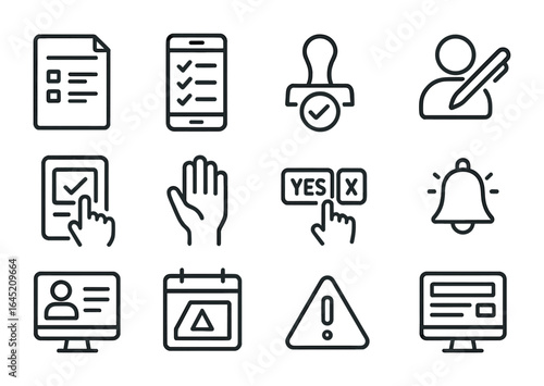 Cyber Petition Icons Grid. Outline icon set of cyber petitions and awareness: petition form, checklist screen,