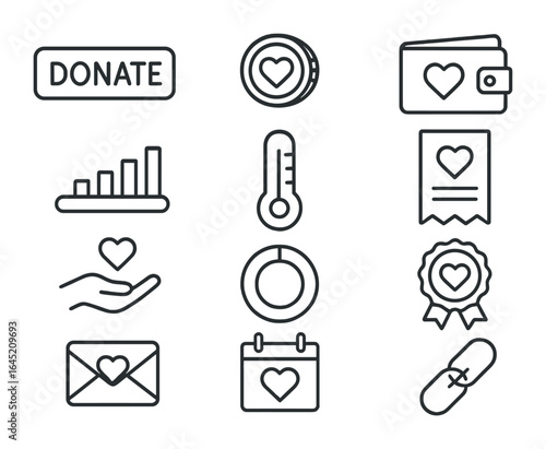 Donation Icon Set. Outline icon set of online donations and fundraising: donate button, heart coin, wallet